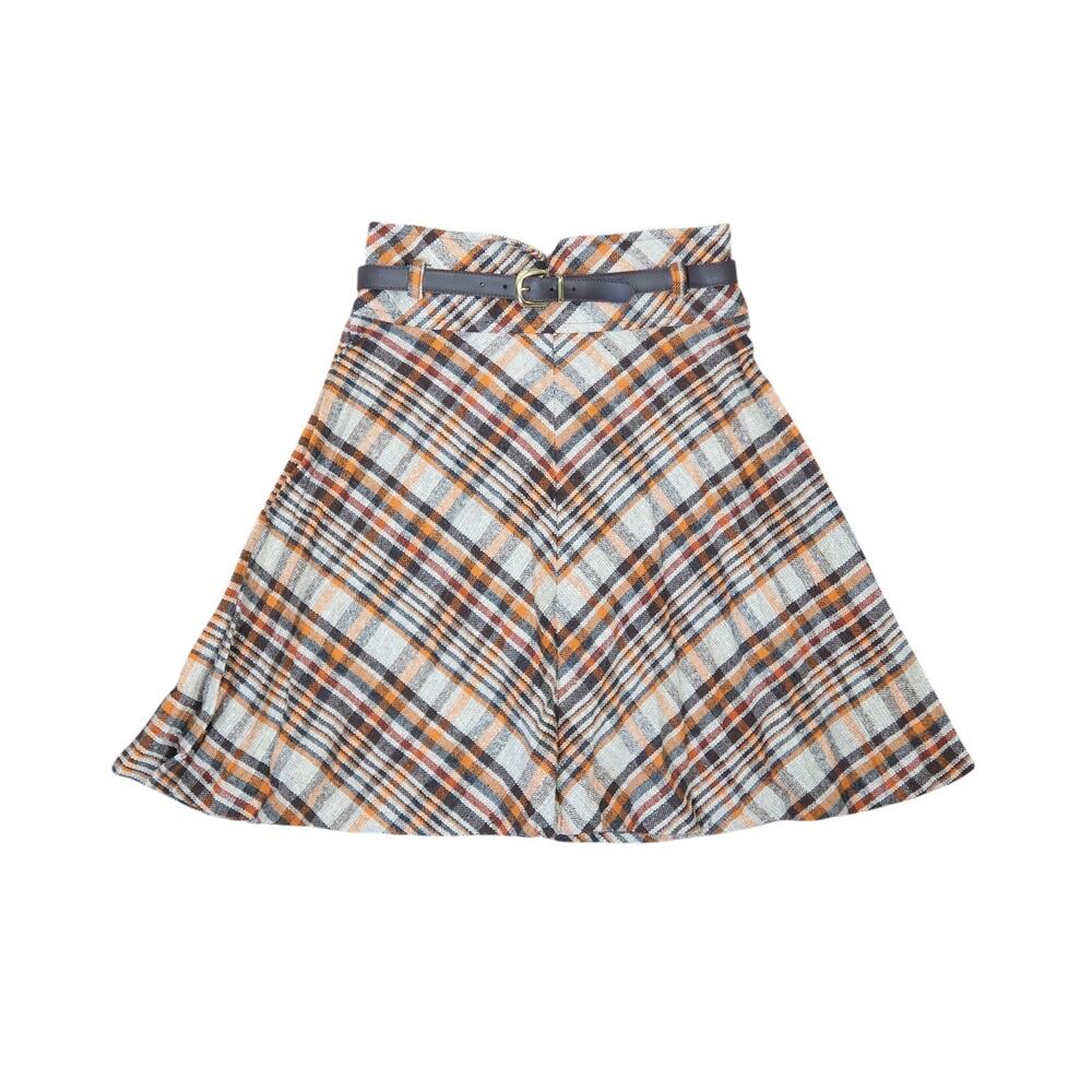 Vintage 60s/70s Tami Brown Tan Orange Plaid Wool Pleated Mini Skirt 25"